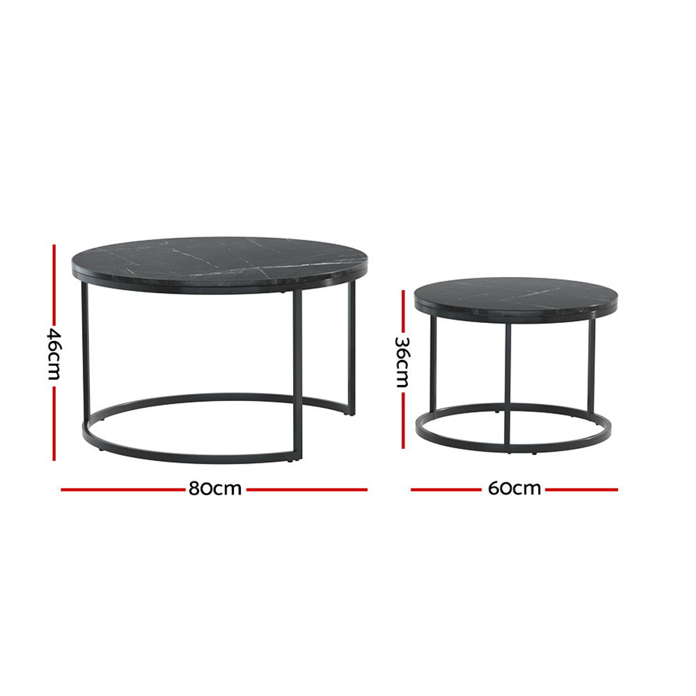 Artiss Nesting Coffee Tables Set of 2 Marble-effect Top 80/60CM Black Metal Base Artiss