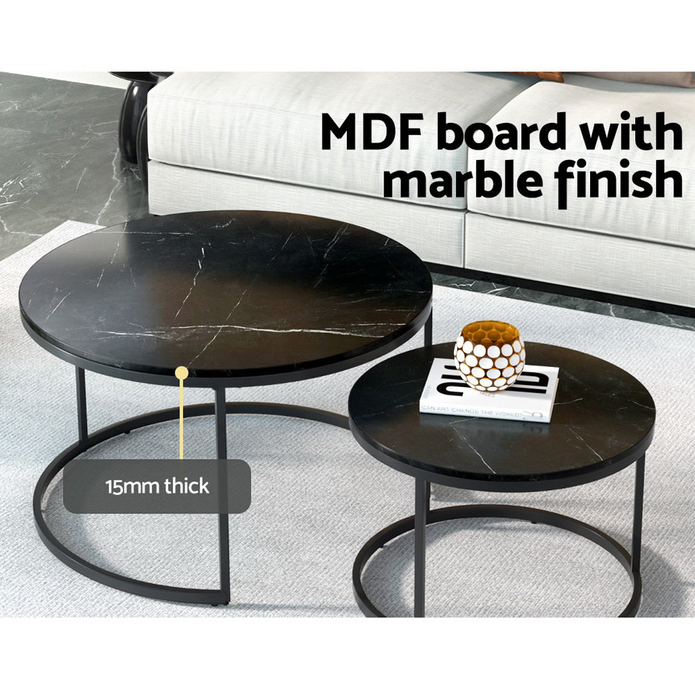 Artiss Nesting Coffee Tables Set of 2 Marble-effect Top 80/60CM Black Metal Base Artiss