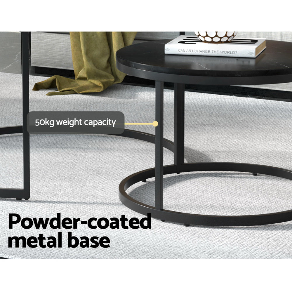 Artiss Nesting Coffee Tables Set of 2 Marble-effect Top 80/60CM Black Metal Base Artiss