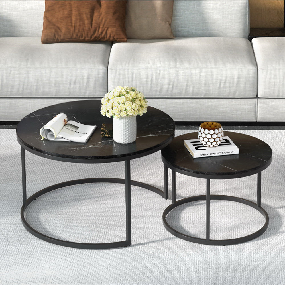Artiss Nesting Coffee Tables Set of 2 Marble-effect Top 80/60CM Black Metal Base Artiss