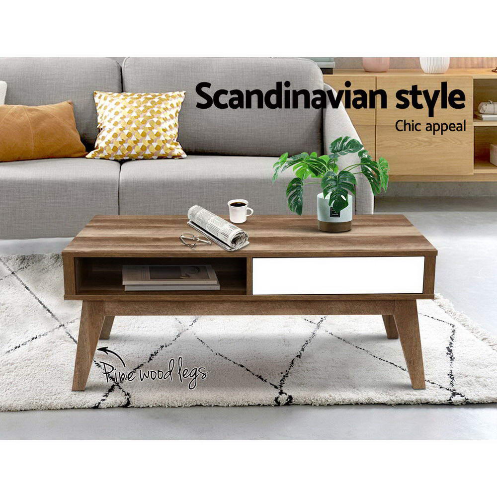 Artiss Coffee Table 2 Storage Drawers Open Shelf Scandinavian Wooden White freeshipping - Awezingly