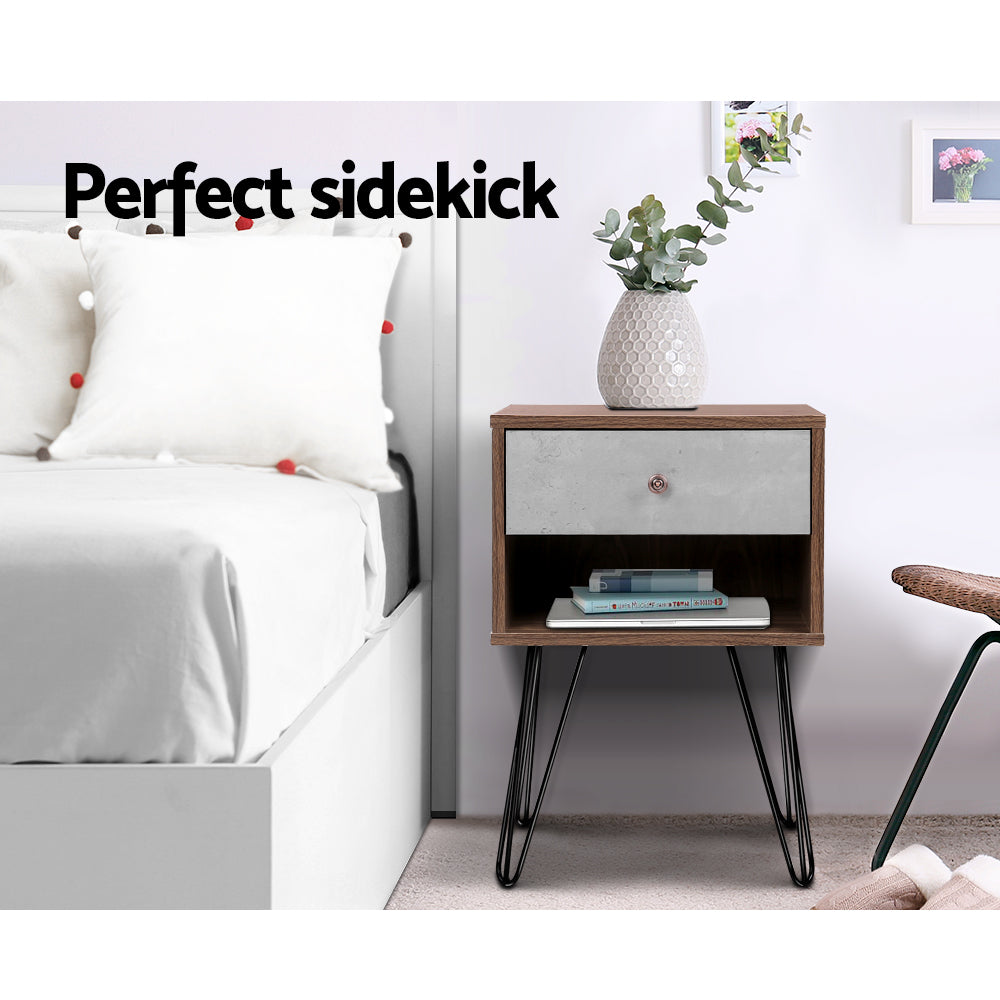 Artiss Bedside Table with Drawer - Grey & Walnut freeshipping - Awezingly