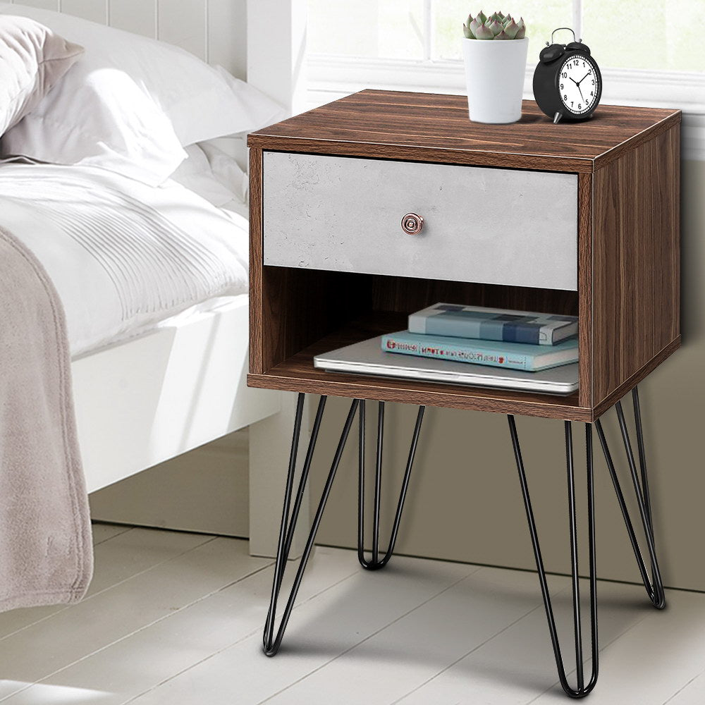 Artiss Bedside Table with Drawer - Grey & Walnut freeshipping - Awezingly