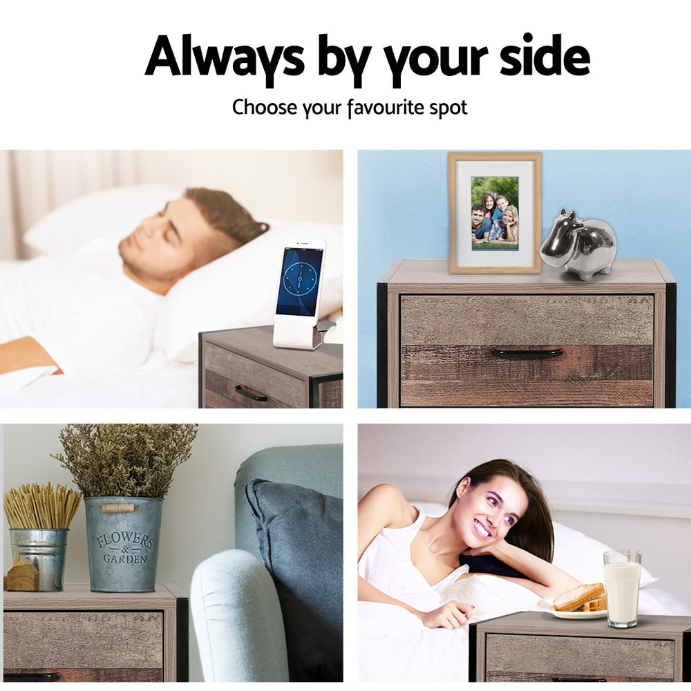 Artiss Bedside Table Drawers Nightstand Metal Oak freeshipping - Awezingly