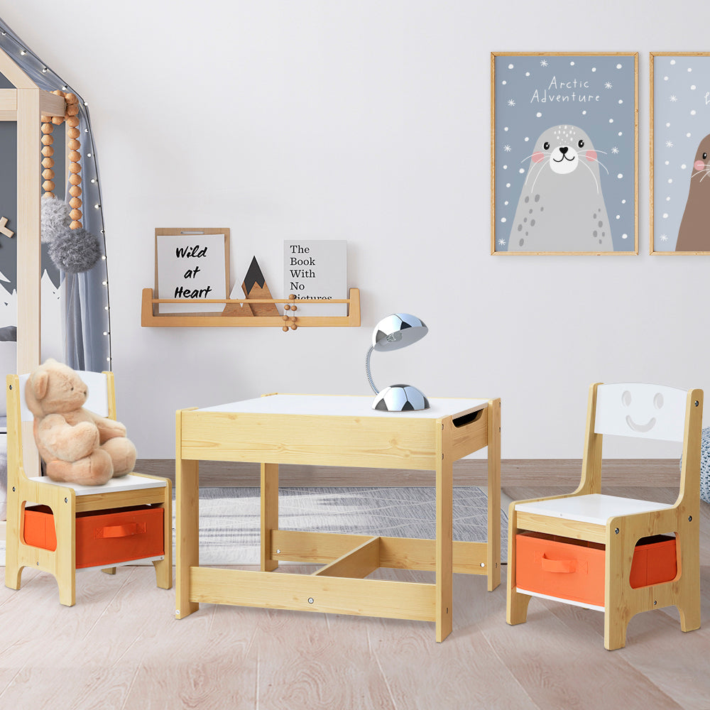 Keezi 3PCS Kids Table and Chairs Set Activity Chalkboard Toys Storage Box Desk Keezi