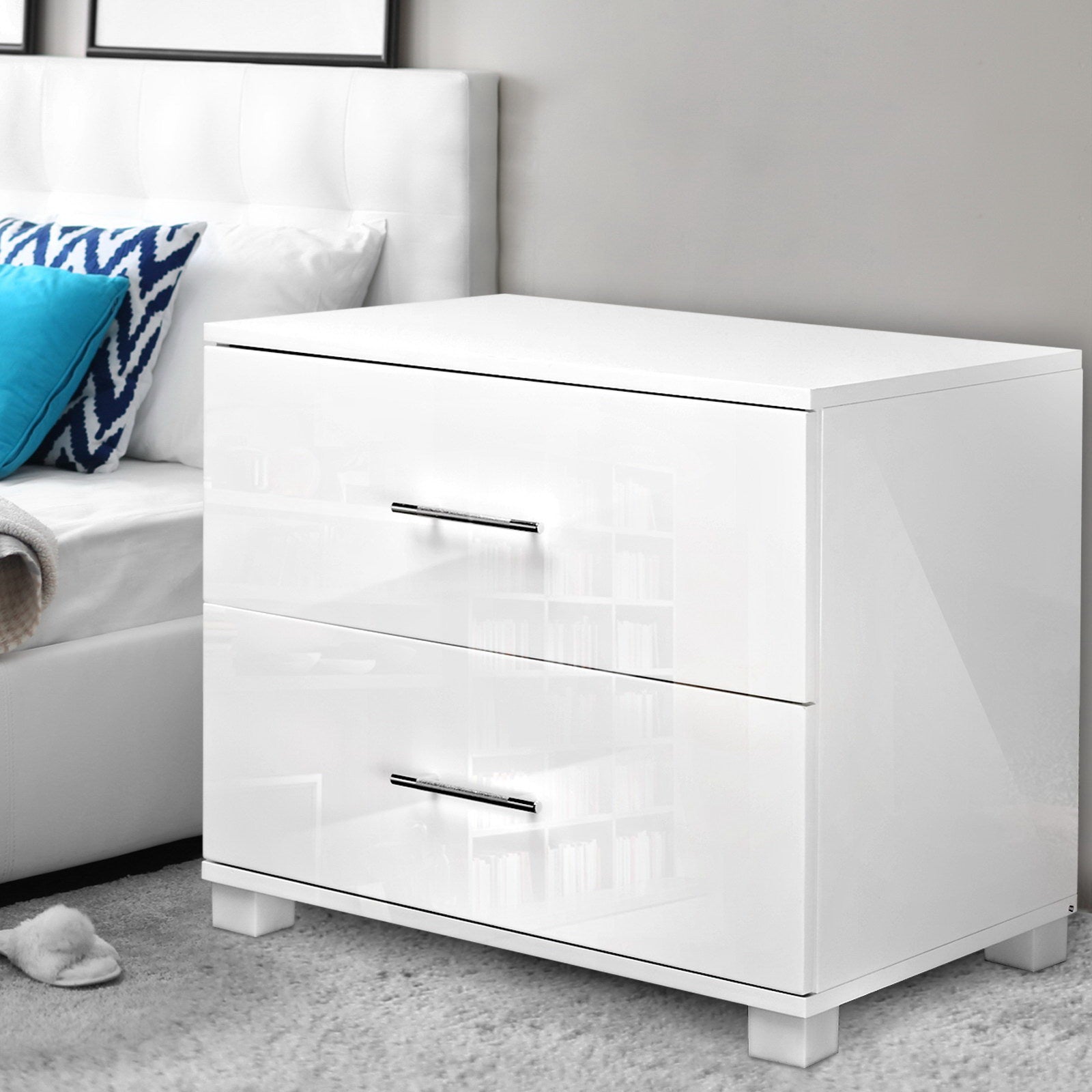 Artiss High Gloss Two Drawers Bedside Table - White freeshipping - Awezingly