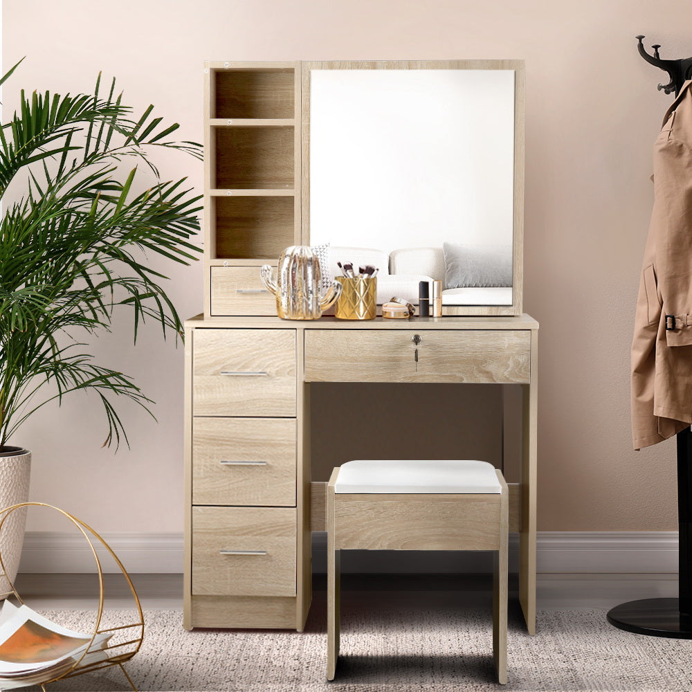 Artiss Dressing Table Stool Set Slide Mirror Makeup Vanity Desk Chair Drawer Oak freeshipping - Awezingly