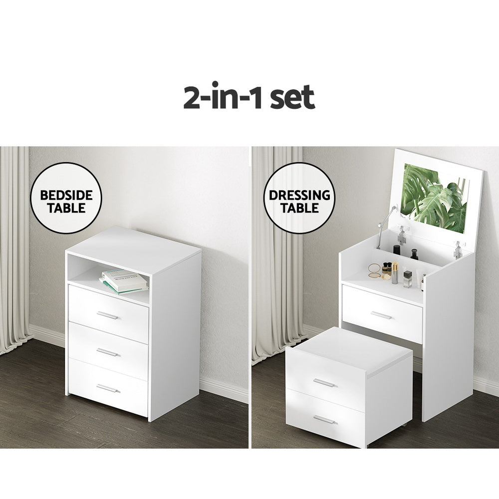 Artiss Dressing Table Bedside Tables 2-in-1 Set Hidden Makeup Mirror Storage Drawers Artiss