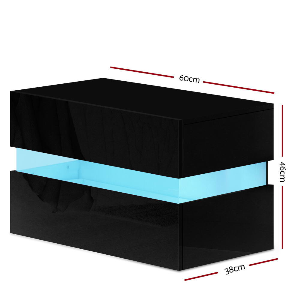 Artiss Bedside Table 2 Drawers RGB LED Side Nightstand High Gloss Cabinet Black freeshipping - Awezingly