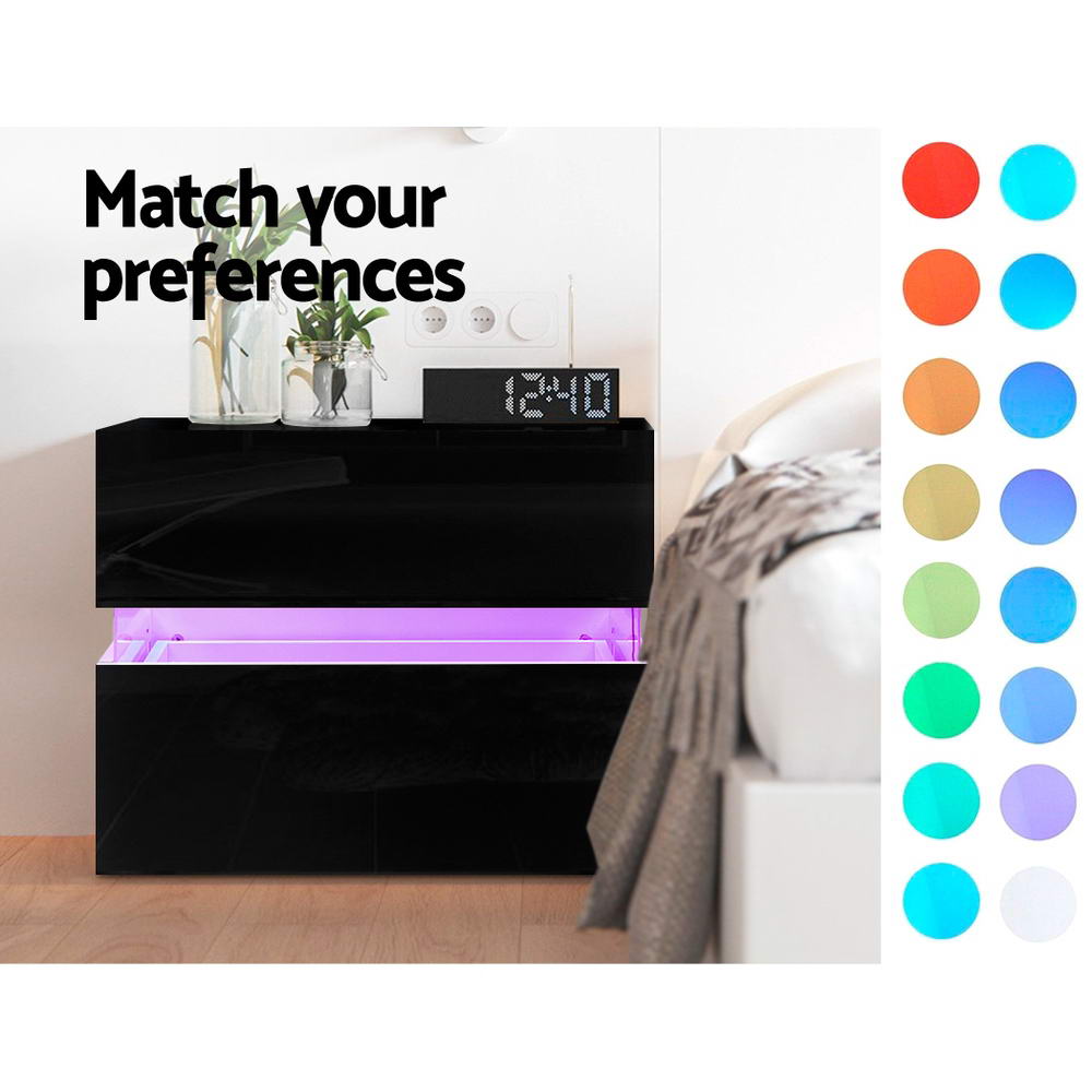 Artiss Bedside Table 2 Drawers RGB LED Side Nightstand High Gloss Cabinet Black freeshipping - Awezingly