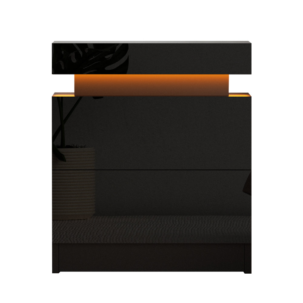 Artiss Bedside Tables Side Table Drawers RGB LED High Gloss Nightstand Black Artiss