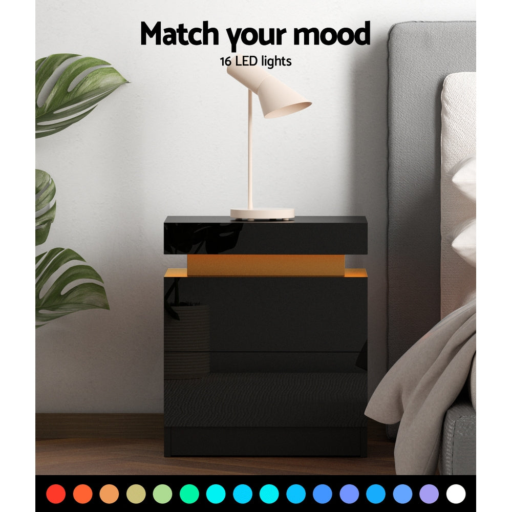 Artiss Bedside Tables Side Table Drawers RGB LED High Gloss Nightstand Black Artiss