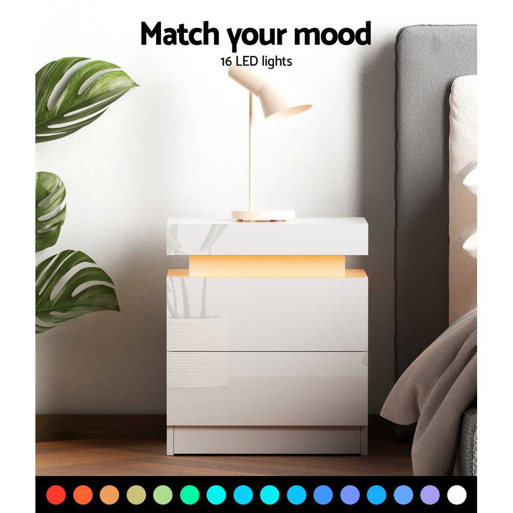 Artiss Bedside Tables Side Table Drawers RGB LED High Gloss Nightstand White Artiss