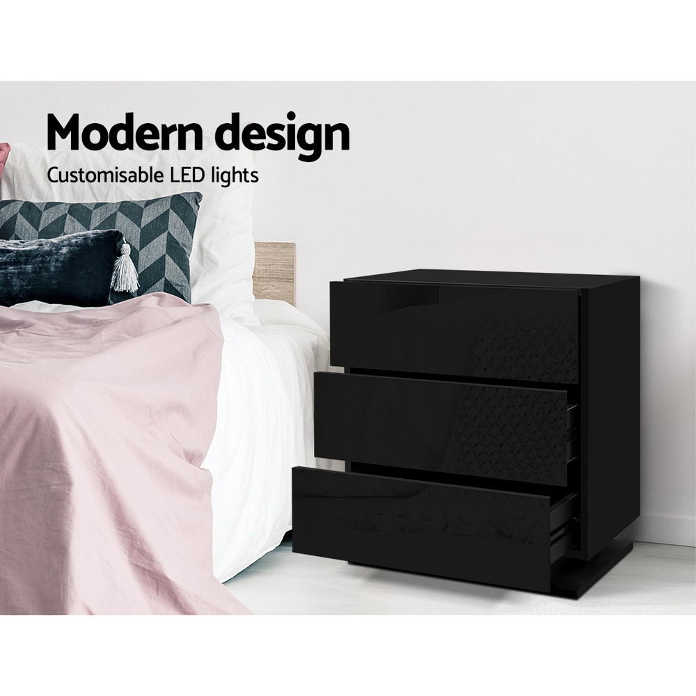 Artiss Bedside Tables Side Table RGB LED Lamp 2 Drawers Nightstand Gloss Black freeshipping - Awezingly