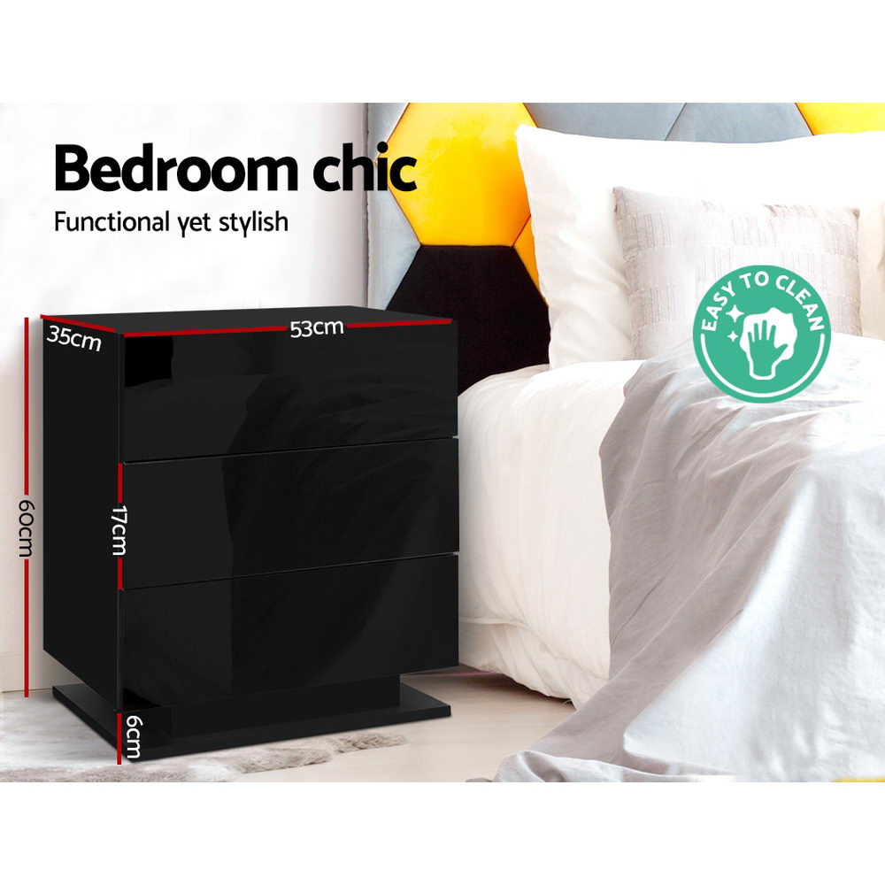 Artiss Bedside Tables Side Table RGB LED Lamp 2 Drawers Nightstand Gloss Black freeshipping - Awezingly