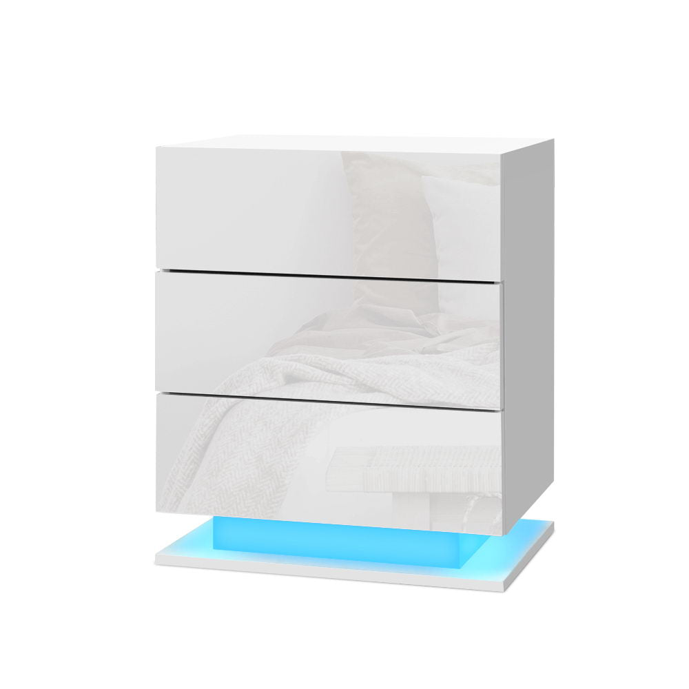 Artiss Bedside Tables Side Table RGB LED Lamp 2 Drawers Nightstand Gloss White freeshipping - Awezingly