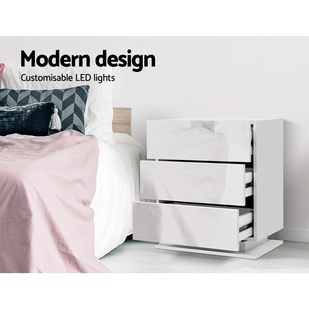 Artiss Bedside Tables Side Table RGB LED Lamp 2 Drawers Nightstand Gloss White freeshipping - Awezingly