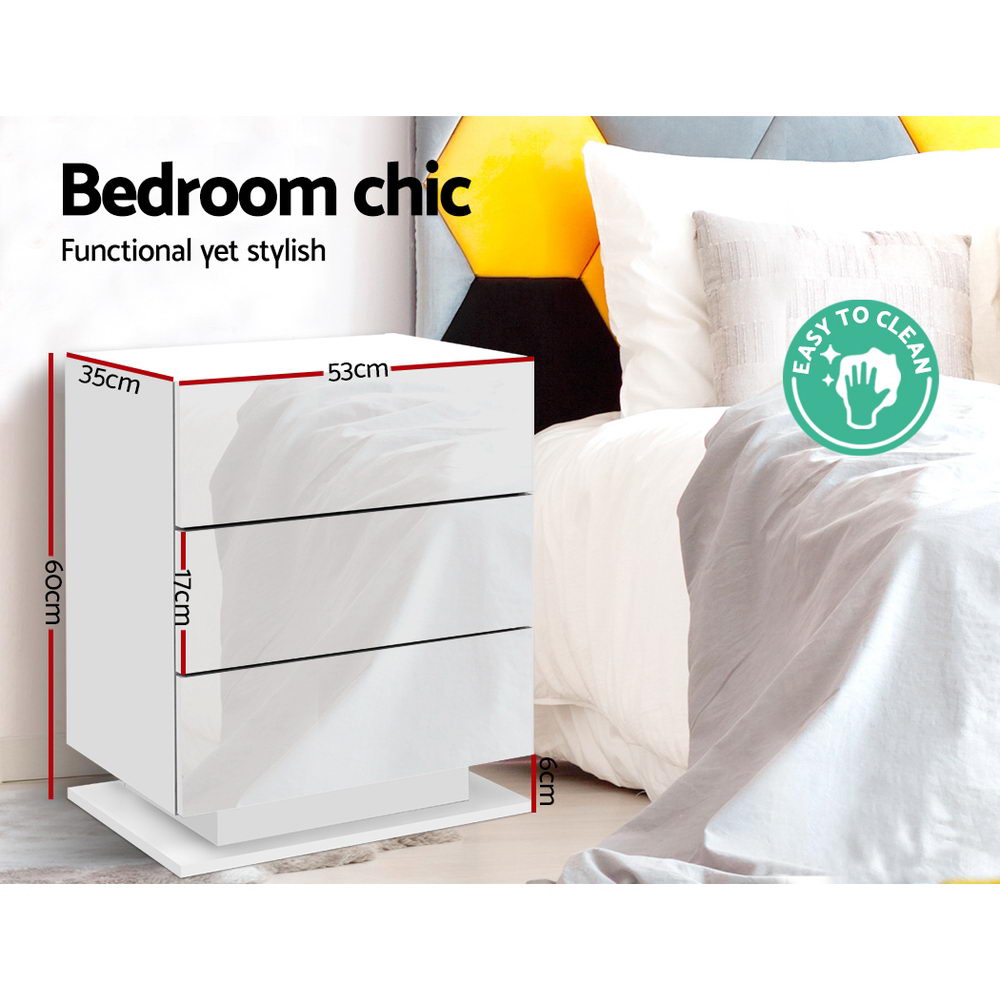 Artiss Bedside Tables Side Table RGB LED Lamp 2 Drawers Nightstand Gloss White freeshipping - Awezingly