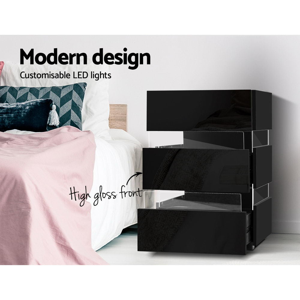 Artiss Bedside Table Side Unit RGB LED Lamp 3 Drawers Nightstand Gloss Furniture Black freeshipping - Awezingly
