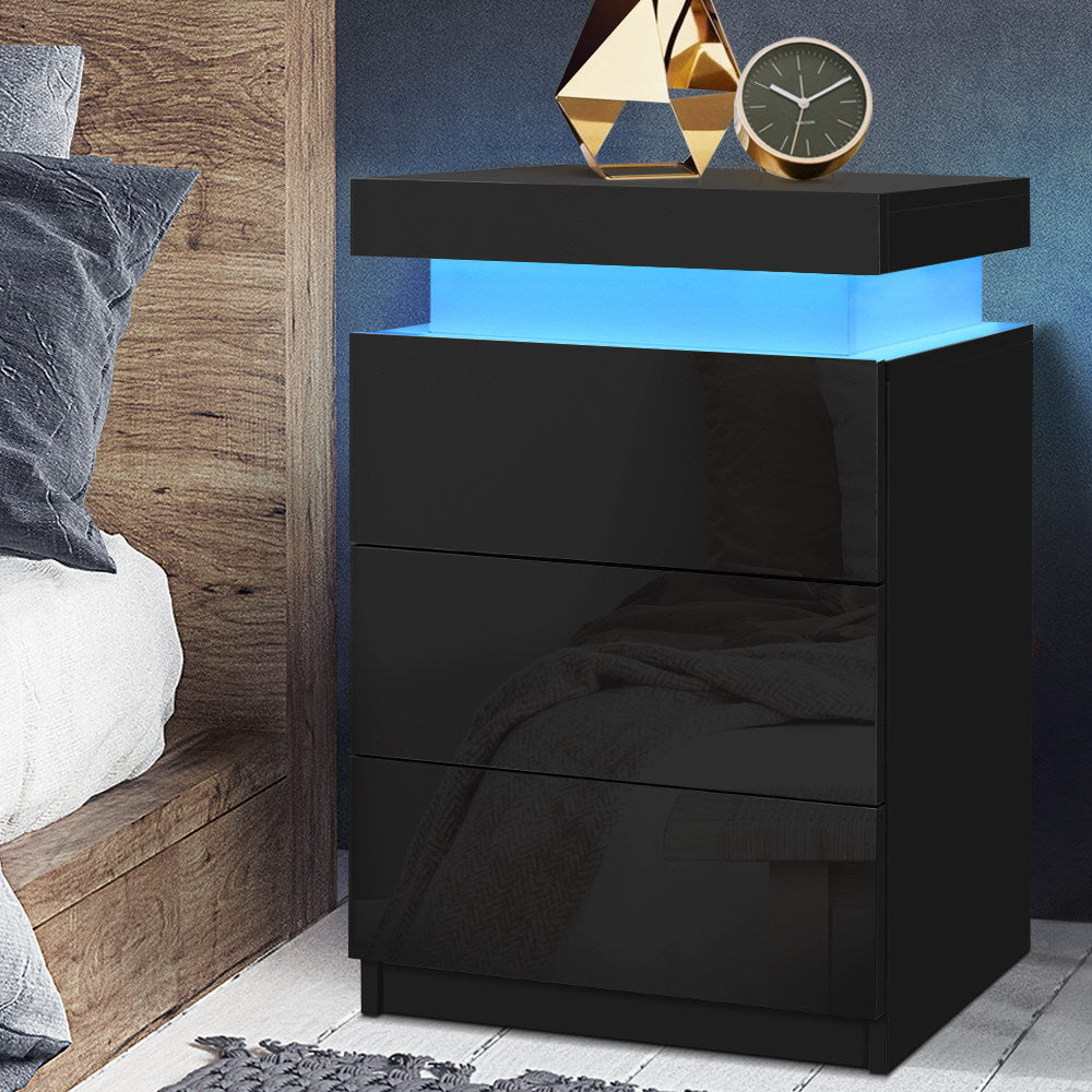 Artiss Bedside Tables Side Table 3 Drawers RGB LED High Gloss Nightstand Black freeshipping - Awezingly