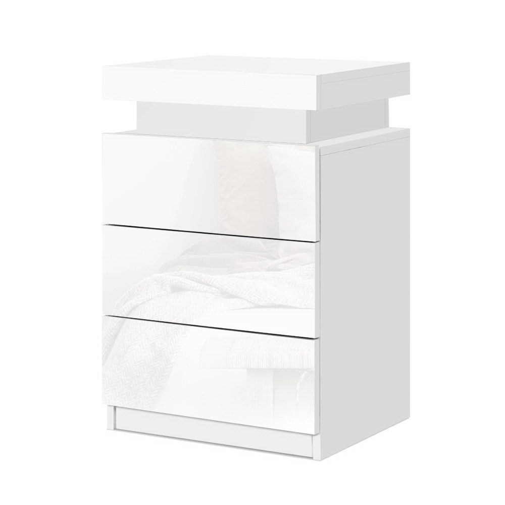 Artiss Bedside Tables Side Table 3 Drawers RGB LED High Gloss Nightstand White freeshipping - Awezingly