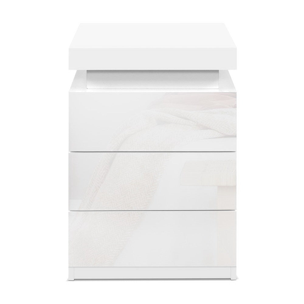 Artiss Bedside Tables Side Table 3 Drawers RGB LED High Gloss Nightstand White freeshipping - Awezingly