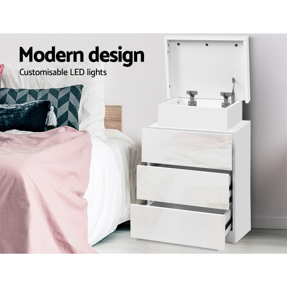 Artiss Bedside Tables Side Table 3 Drawers RGB LED High Gloss Nightstand White freeshipping - Awezingly