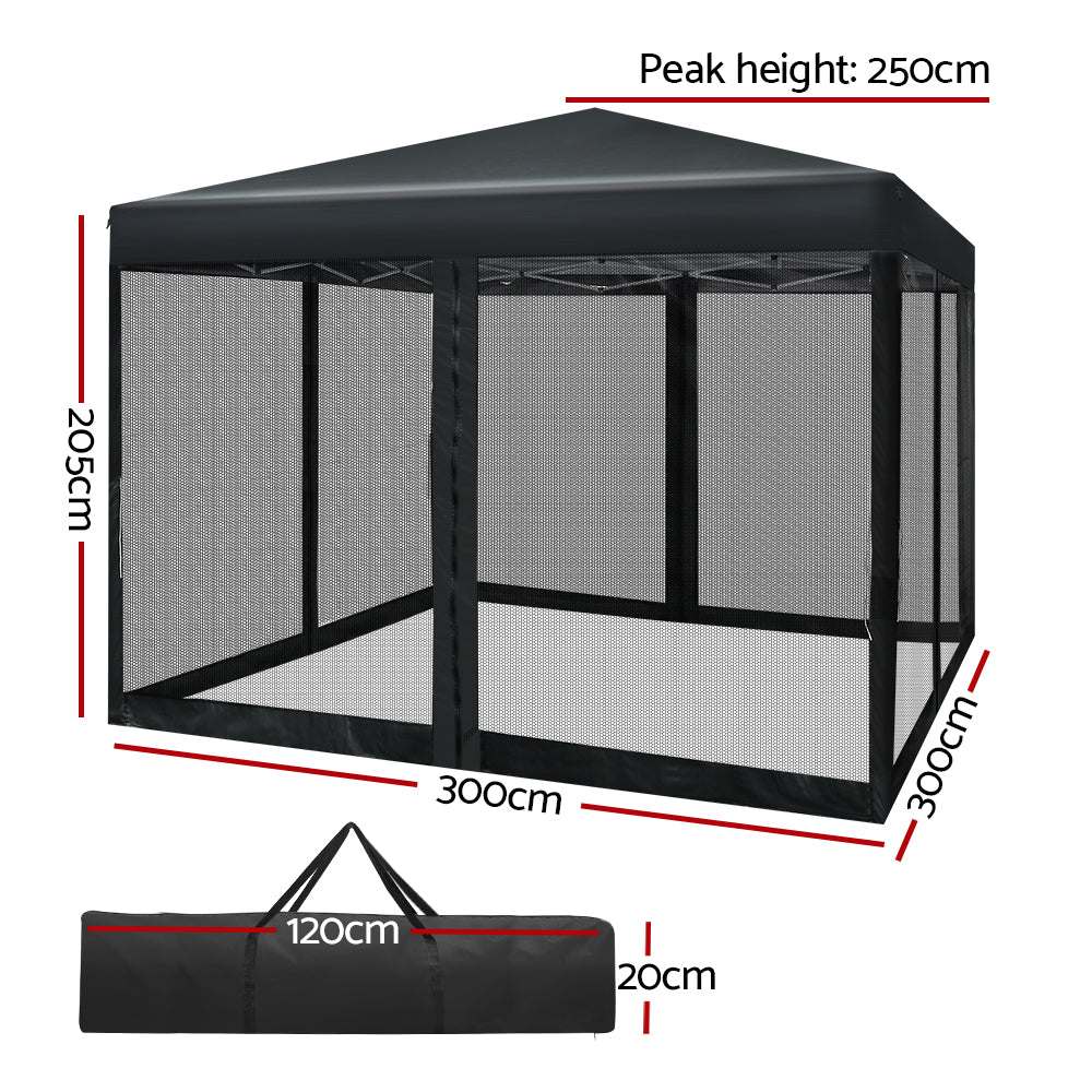 Instahut Gazebo Pop Up Marquee 3x3 Wedding Side Mesh Wall Outdoor Gazebos Black Instahut