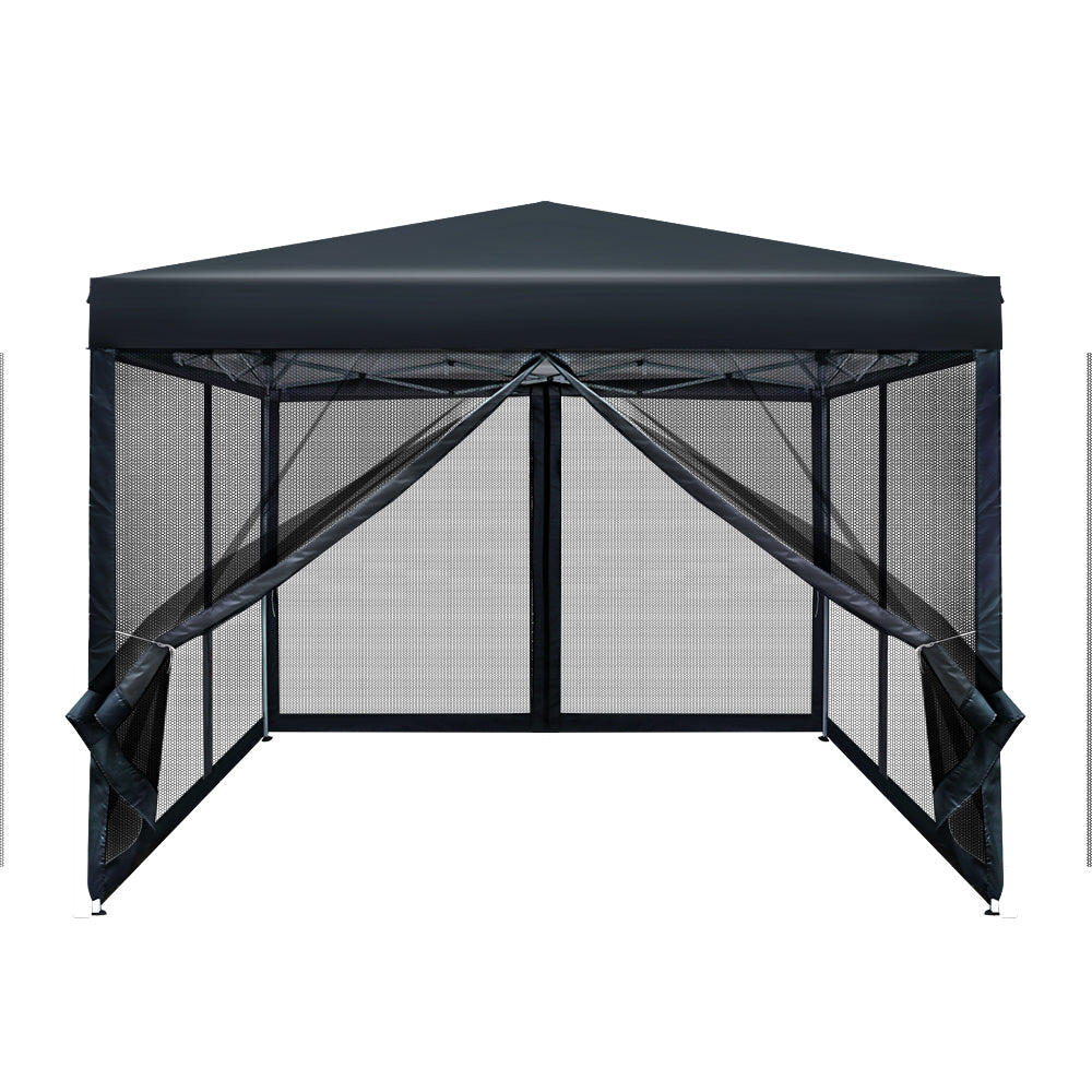 Instahut Gazebo Pop Up Marquee 3x3 Wedding Side Mesh Wall Outdoor Gazebos Black Instahut