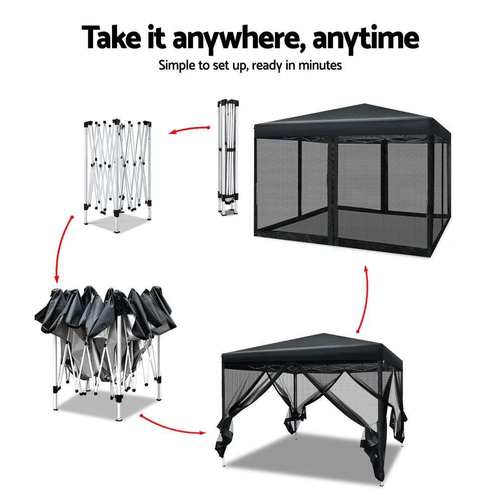 Instahut Gazebo Pop Up Marquee 3x3 Wedding Side Mesh Wall Outdoor Gazebos Black Instahut