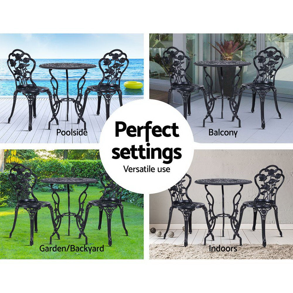 Gardeon 3PC Outdoor Setting Cast Aluminium Bistro Table Chair Patio Black freeshipping - Awezingly