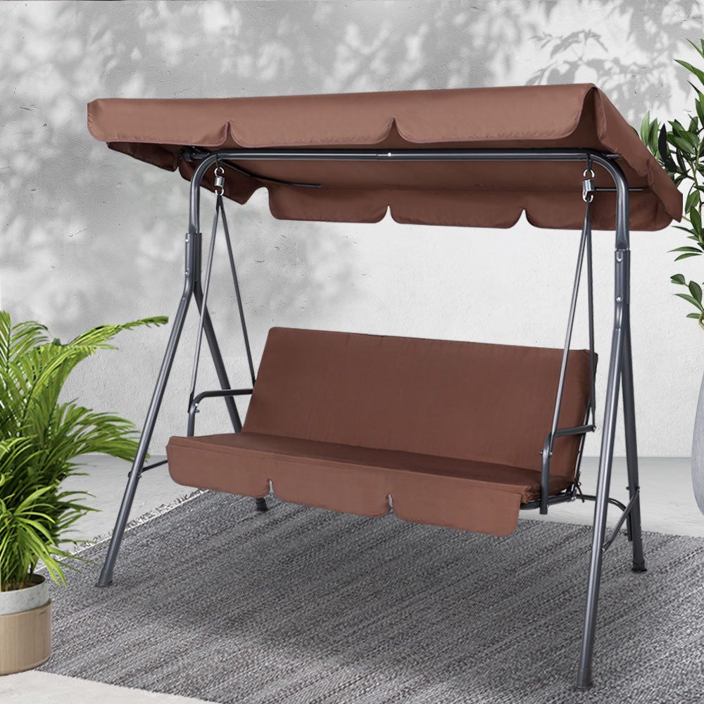 Gardeon 3 Seater Outdoor Canopy Swing Chair - Coffee freeshipping - Awezingly