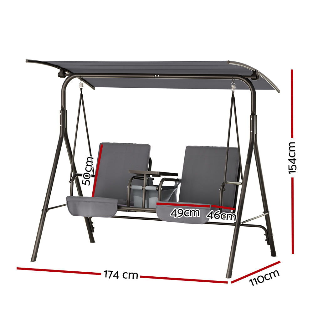 Gardeon Outdoor Patio Swing Chair 2 Seater Canopy Table Top Cup Holder Black Gardeon