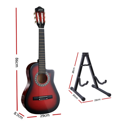 Alpha 34 Inch Guitar Classical Acoustic Cutaway Children 1/2 Size Red with Capo Tuner
