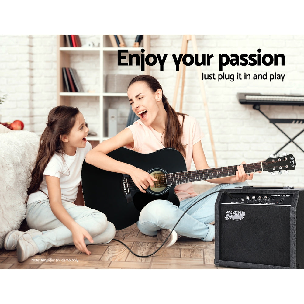 Alpha 41 Inch Electric Acoustic Guitar Full Size EQ Bass Black