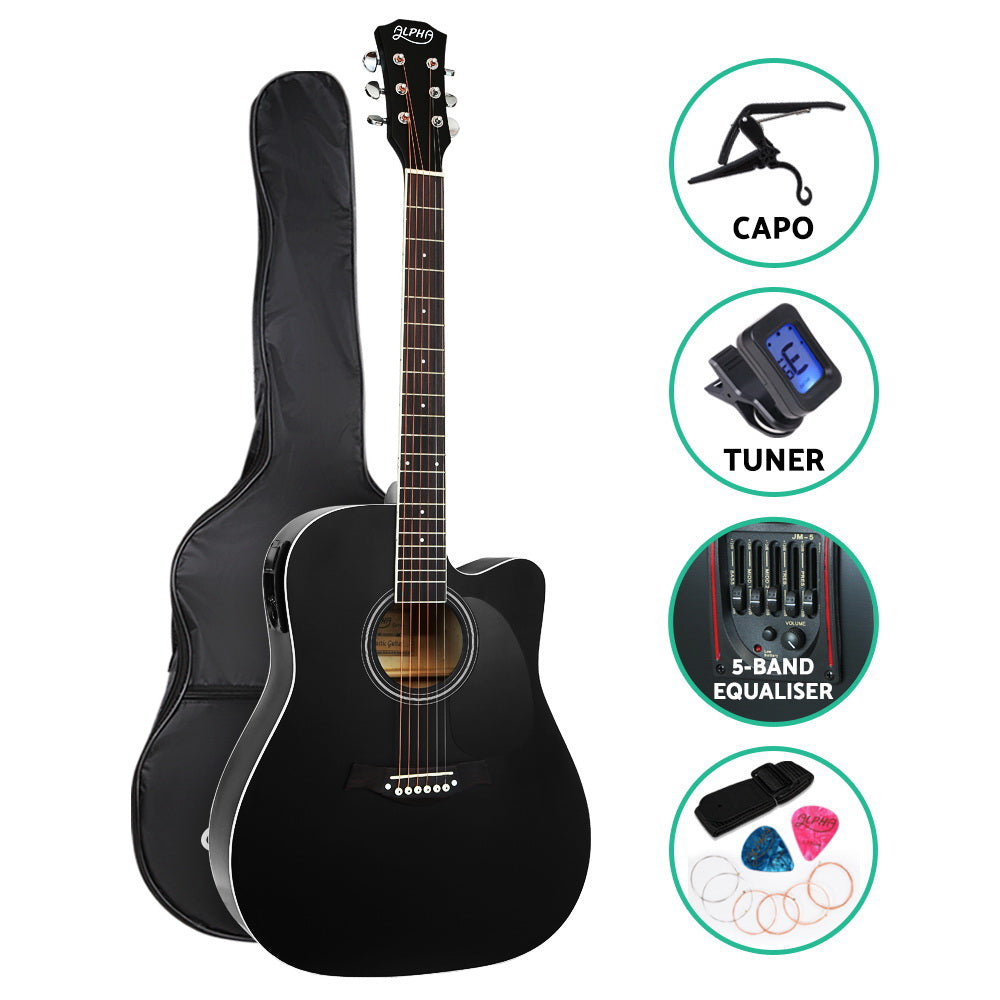 Alpha 41 Inch Electric Acoustic Guitar Wooden Classical Full Size EQ Capo Black