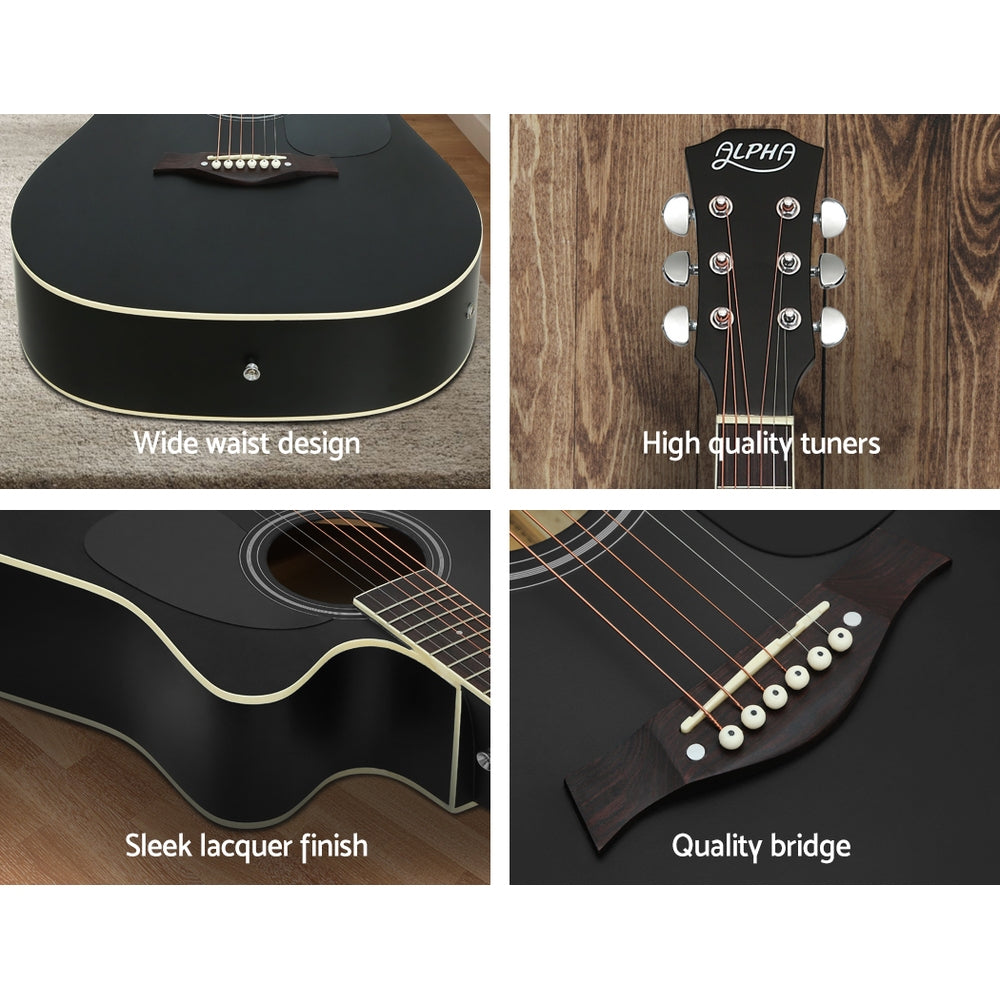Alpha 41 Inch Electric Acoustic Guitar Wooden Classical Full Size EQ Capo Black