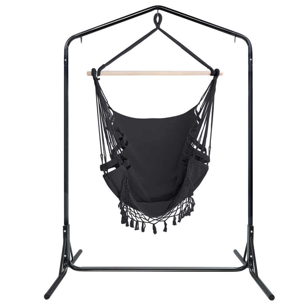 Gardeon Outdoor Hammock Chair with Stand Tassel Hanging Rope Hammocks Grey Gardeon