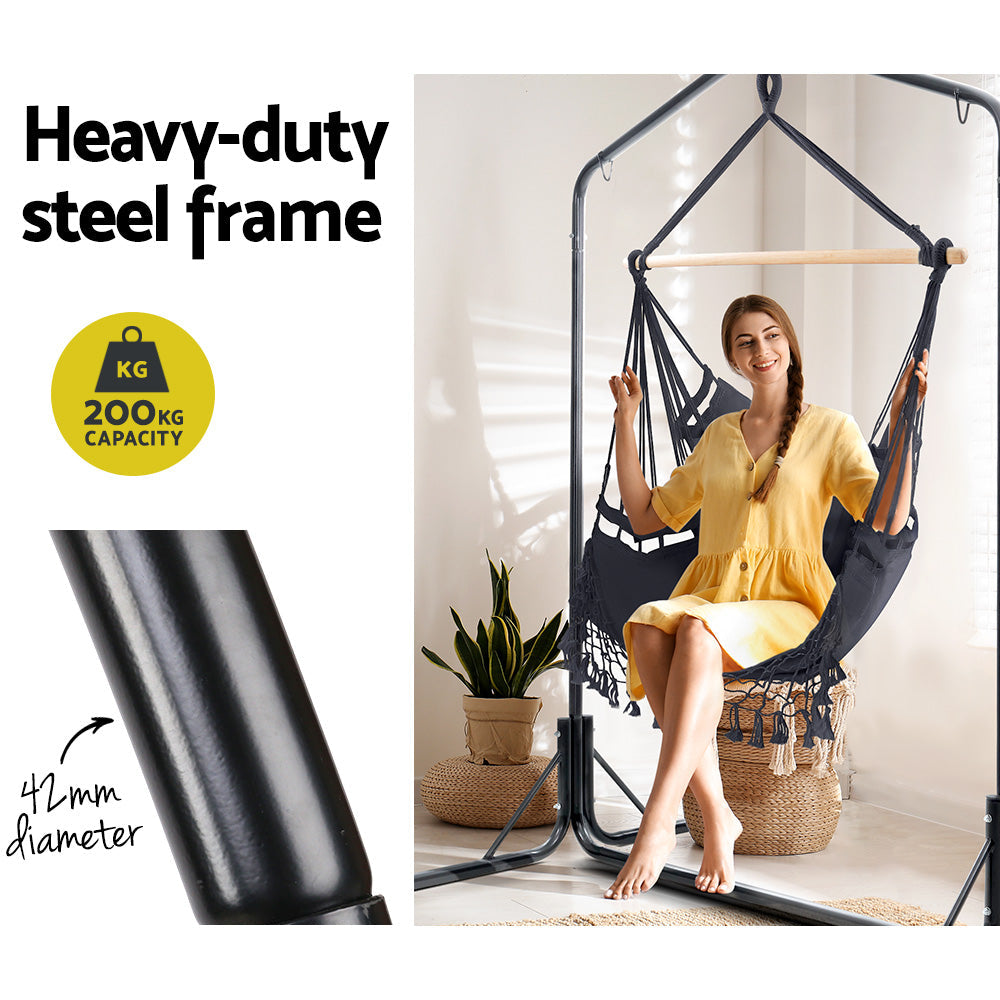 Gardeon Outdoor Hammock Chair with Stand Tassel Hanging Rope Hammocks Grey Gardeon