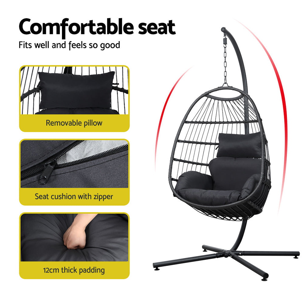 Gardeon Swing Chair Egg Hammock With Stand Outdoor Furniture Wicker Seat Black Gardeon