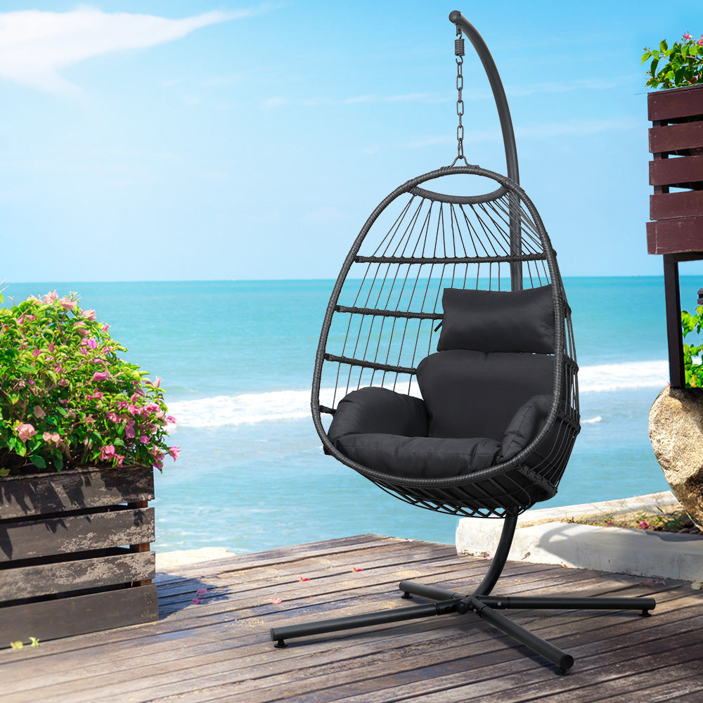 Gardeon Swing Chair Egg Hammock With Stand Outdoor Furniture Wicker Seat Black Gardeon