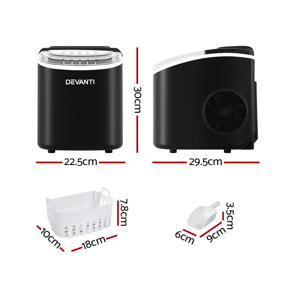 Devanti Portable Ice Maker Machine Ice Cube Tray 12kg Bar Countertop Black Devanti