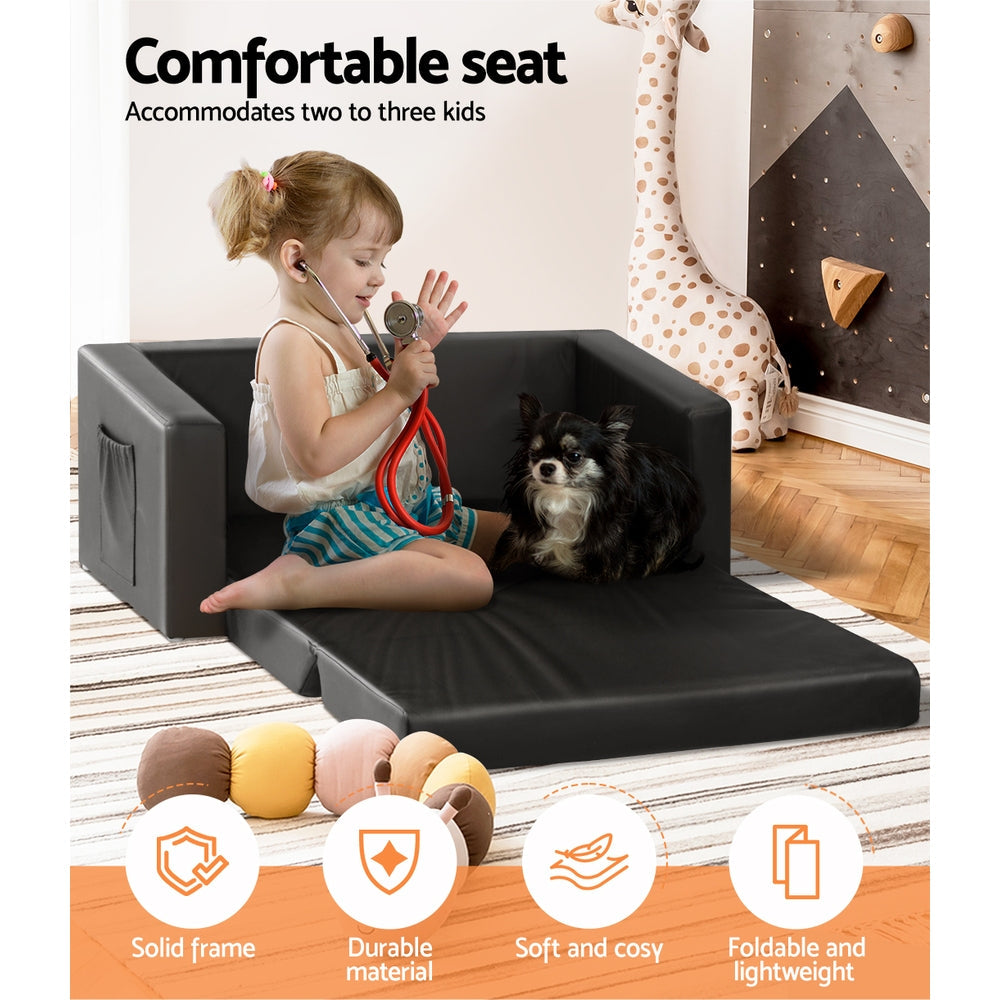 Keezi Kids Convertible Sofa 2 Seater Black PU Leather Children Couch Lounger Keezi
