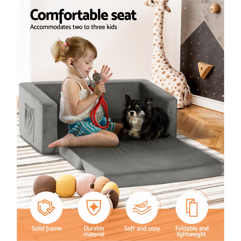 Keezi Kids Convertible Sofa 2 Seater Children Flip Open Couch Lounger Grey Keezi