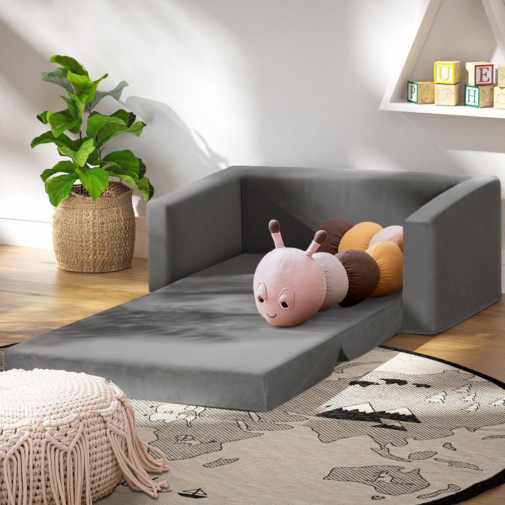 Keezi Kids Convertible Sofa 2 Seater Children Flip Open Couch Lounger Grey Keezi