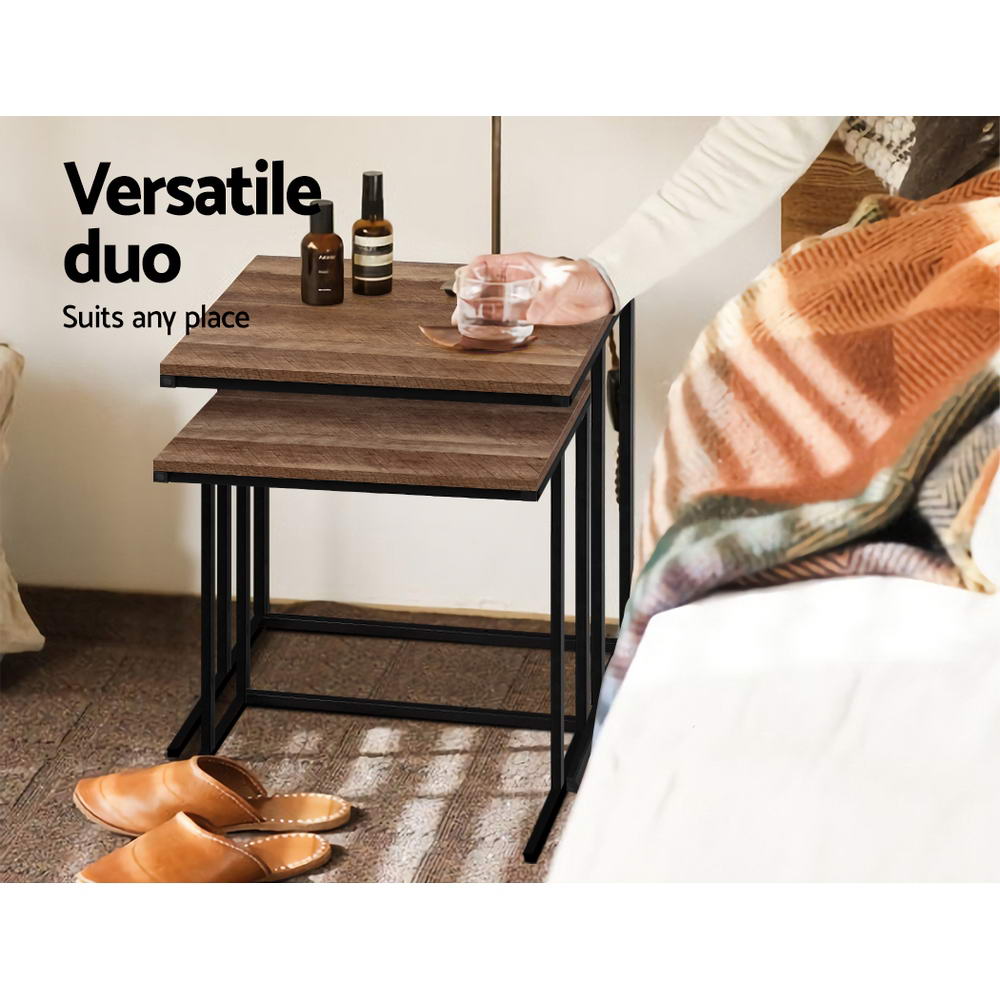 Artiss Coffee Table Nesting Side Tables Wooden Rustic Vintage Metal Frame freeshipping - Awezingly