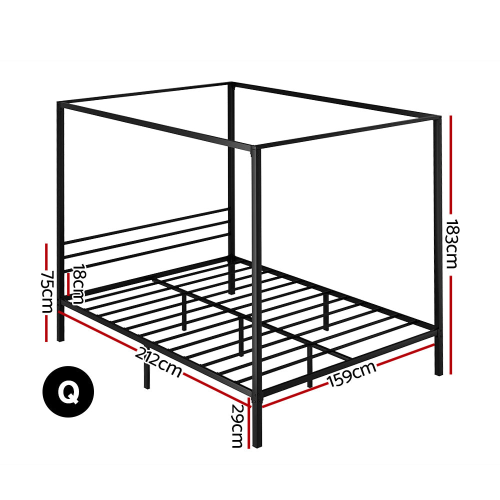 Artiss Bed Frame Metal Four-poster Platform Base Queen Size Black POCHY Artiss