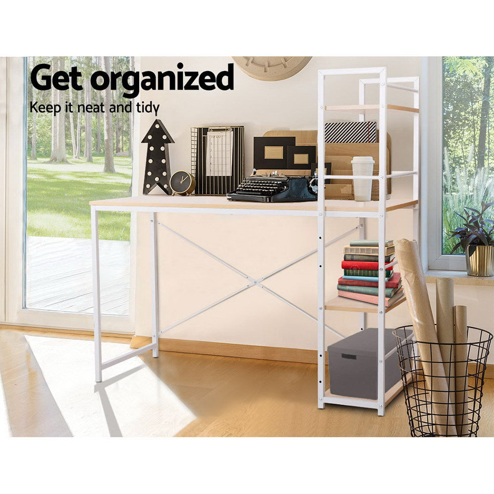 Artiss Metal Desk with Shelves - White with Oak Top Artiss