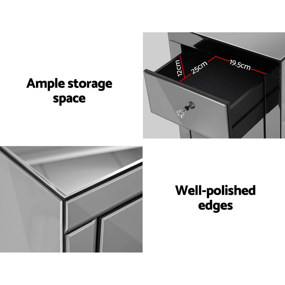 Artiss Mirrored Bedside Tables Drawers Crystal Chest Nightstand Glass Grey freeshipping - Awezingly