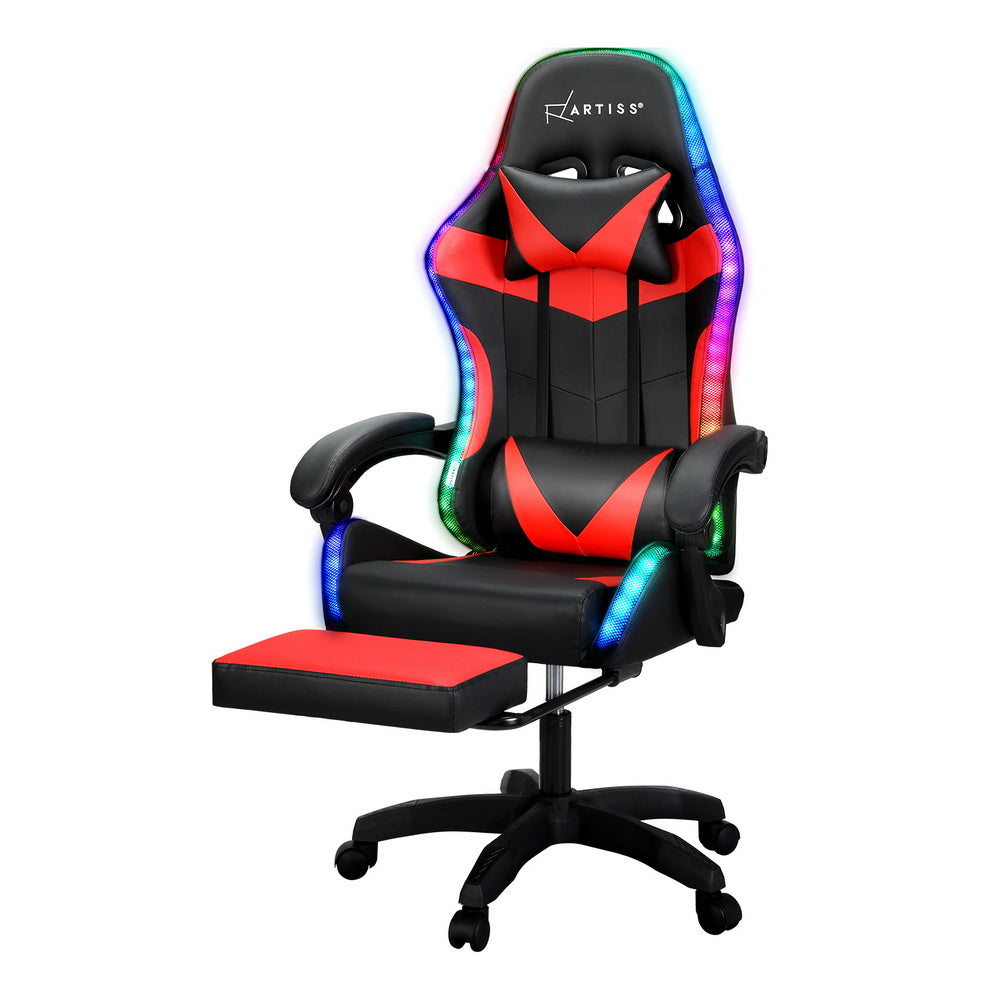 Artiss 6 Point Massage Gaming Office Chair 7 LED Footrest Red Artiss